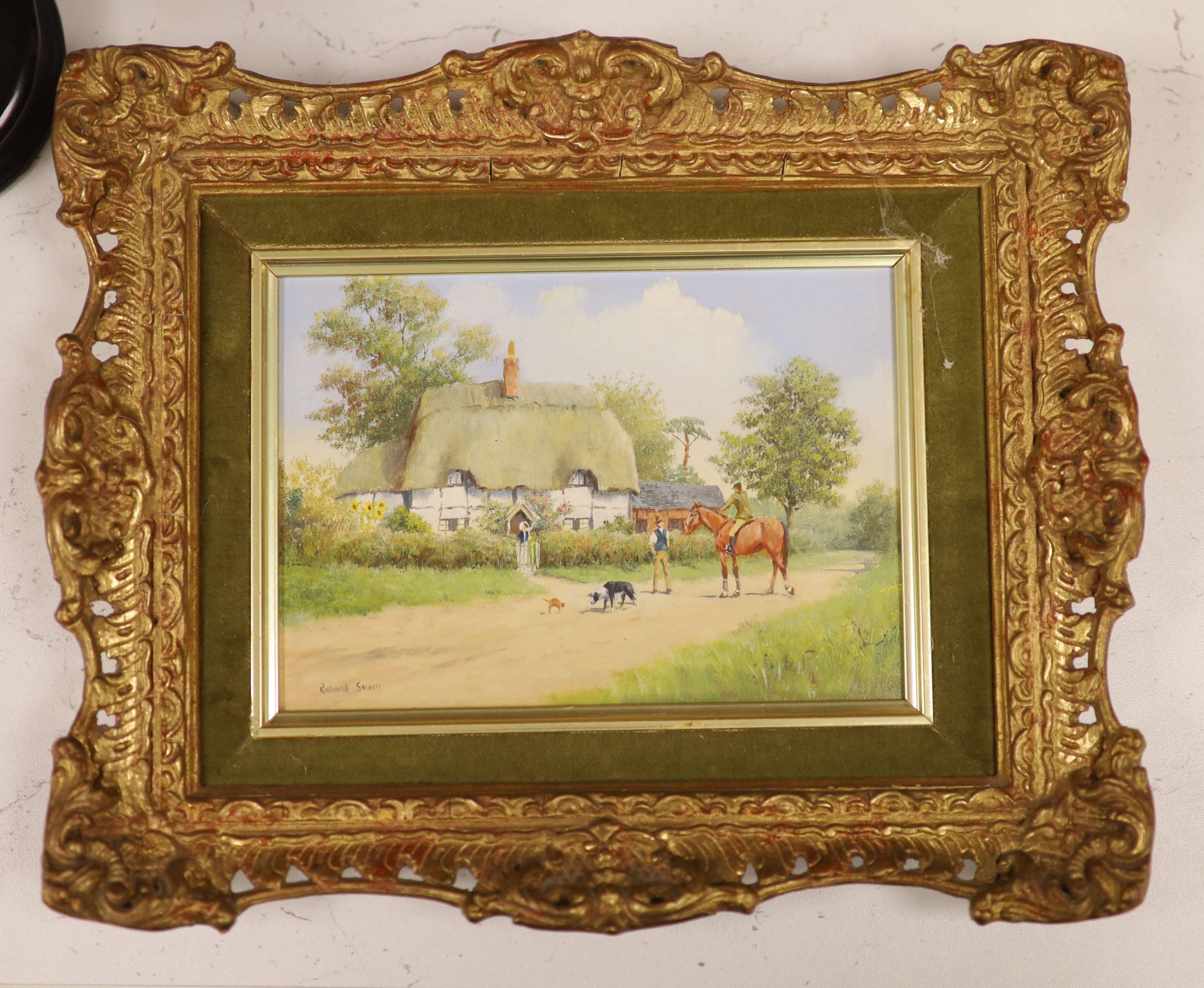 Richard Rhead Simm (b.1926), oil on panel, Figures beside a thatched cottage, signed, 12 x 17cm